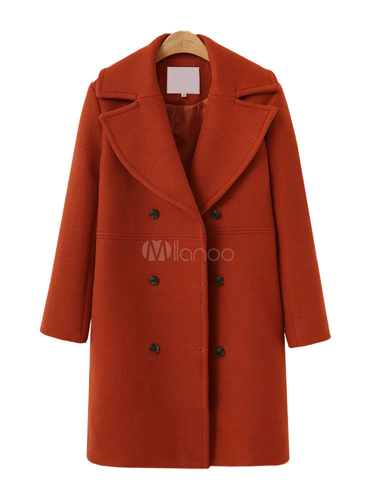 Women Woolen Coat Turndown Collar Peacoat Brown Winter Coat - Milanoo.com