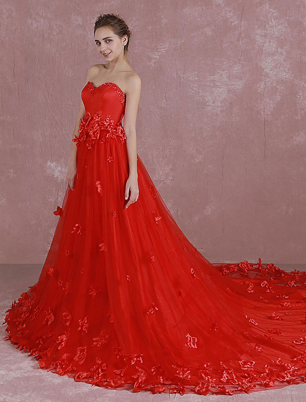 Vestido do Casamento vermelho querida Sequin Strapless nupcial 3D flores  Applique 