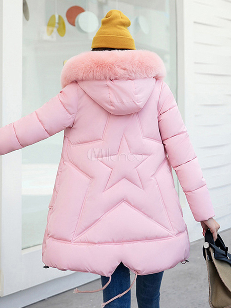 Women Puffer Coat Faux Fur Collar Hooded Winter Coat Pom Poms Bubble