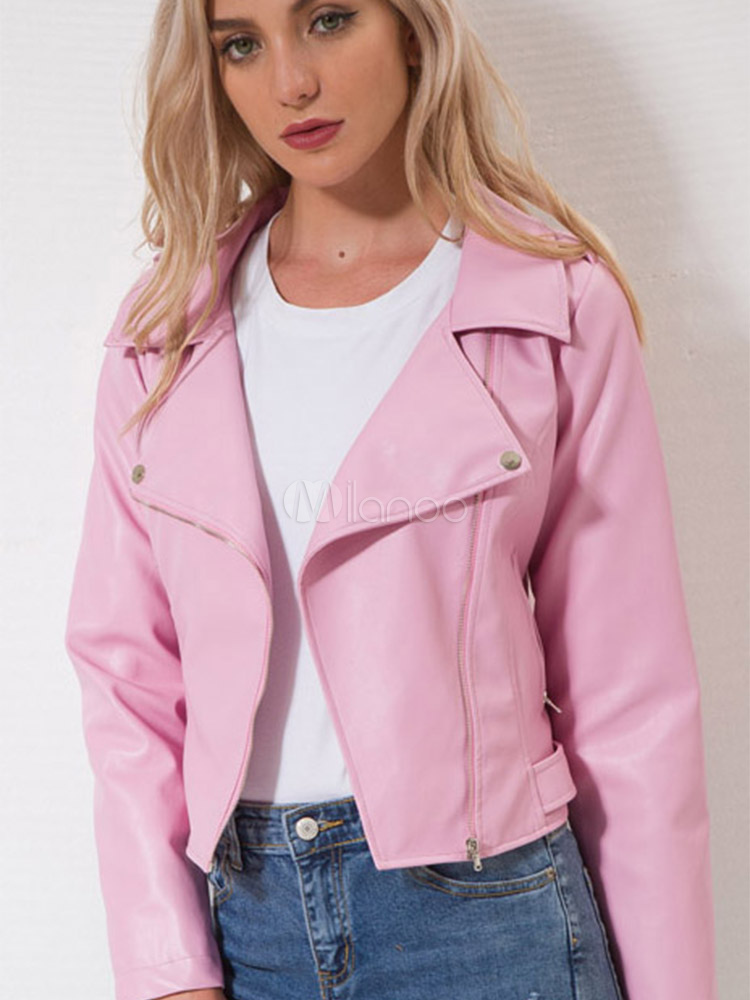 Pink Moto Jacket Women Full Zip PU Leather Biker Jacket - Milanoo.com