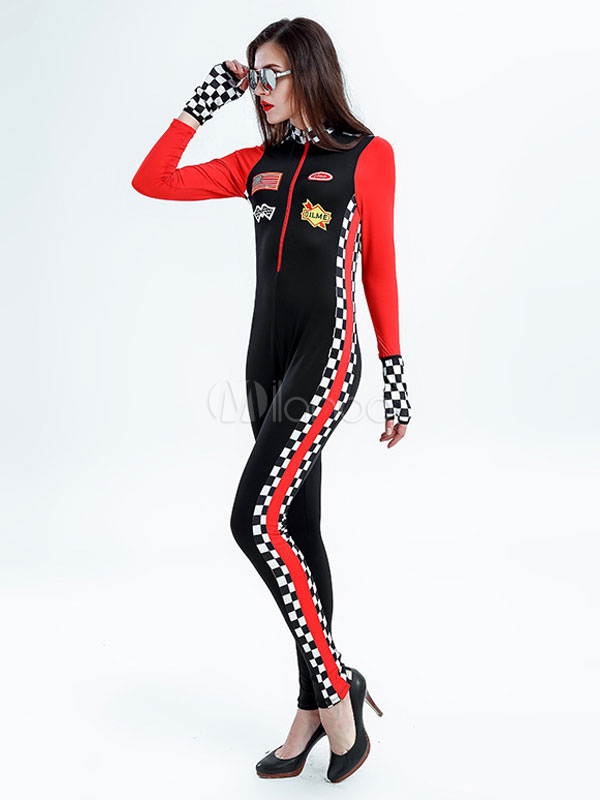 Race Girl Costume Checkboard Plaid Two Tone Women Jumpsuit