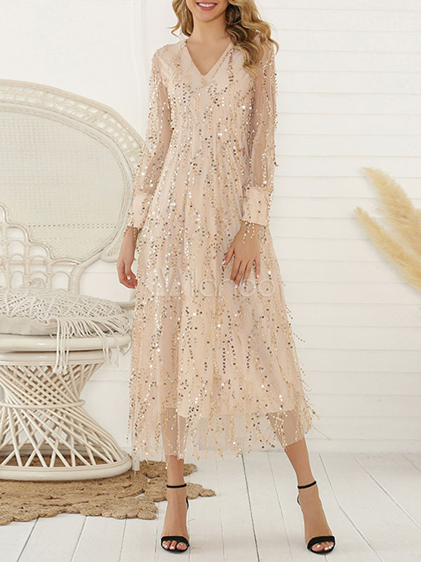 gold sequin maxi dress long sleeve