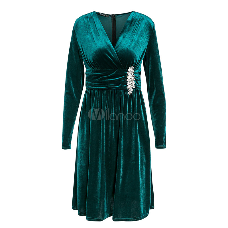 Velvet Dress Dark Green Long Sleeves Rhinestones Velvet V Neck Sexy 3415