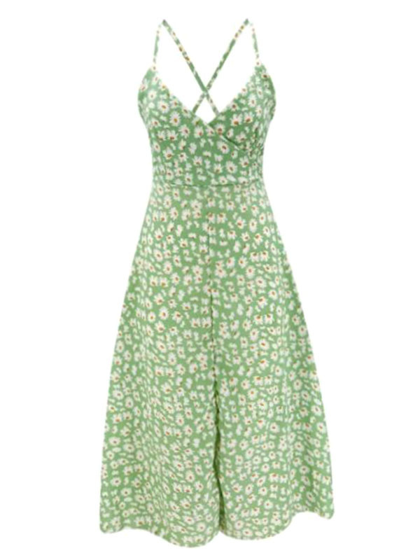 Summer Dresses Straps Neck Printed Light Green Sundress