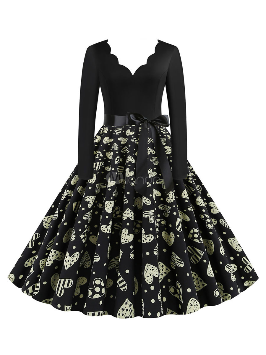 Retro Dress 1950s Black Valentine Day Printed Long Sleeves Swing Dress ...