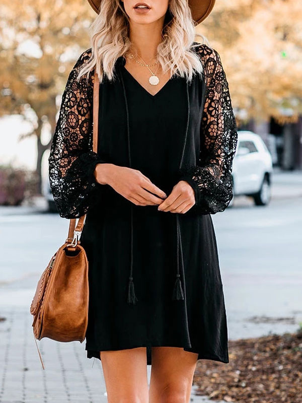Moda Mujer Vestidos | Vestido recto de gran tamaño Vestido informal con borlas de cuello en V y mangas de encaje negro pequeño - UL95453