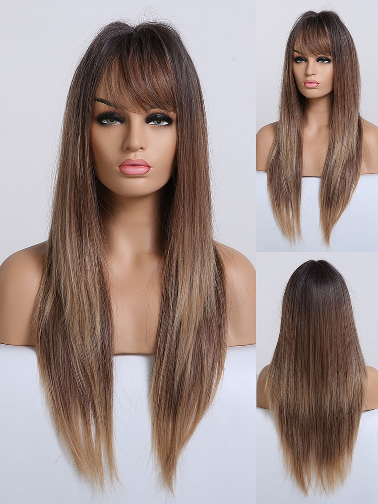 Moda Mujer Accesorios | Las mujeres peluca larga recta luz de oro Rayón elegante en capas largas sintético pelucas - VX02102