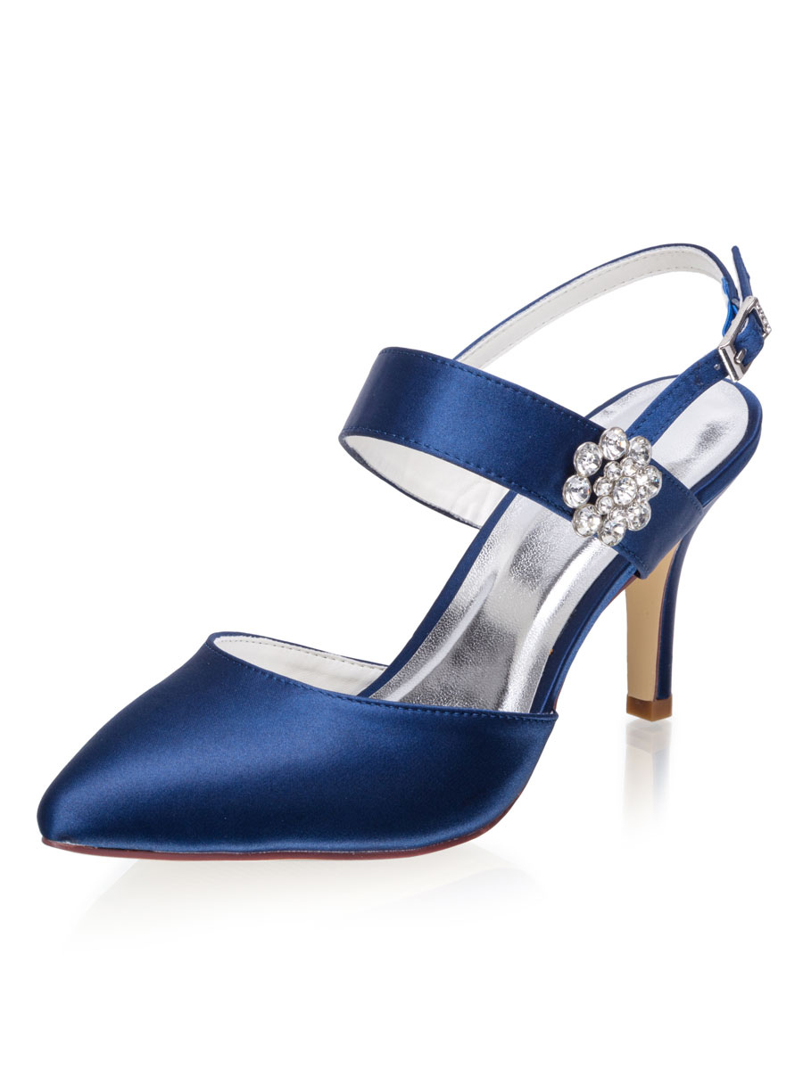 Zapatos de Fiesta | Zapatos de novia de satén Zapatos de Fiesta de tacón de stiletto Zapatos Azul marino Zapatos de boda de puntera puntiaguada 8cm con pedrería - QV49241