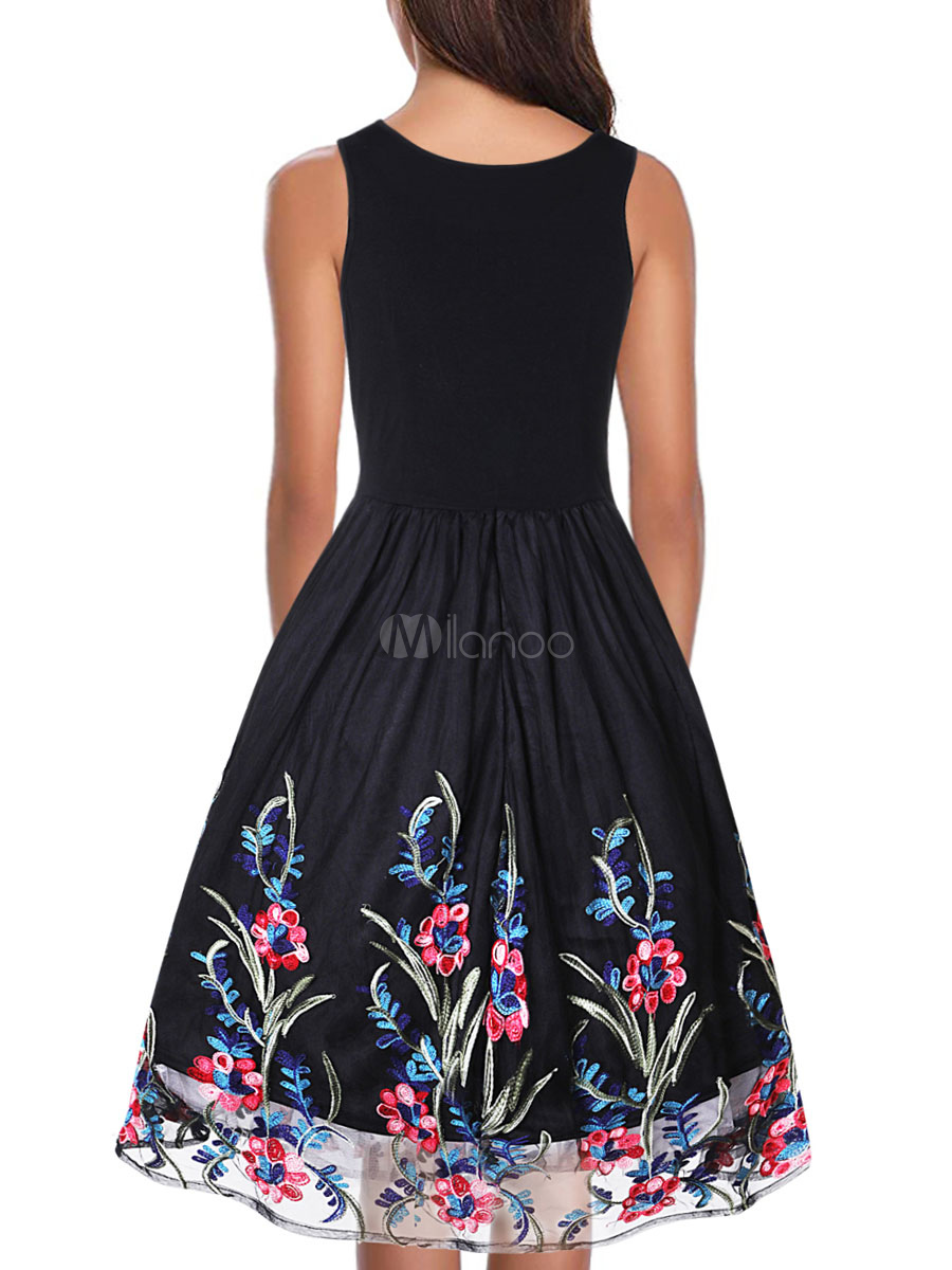 レトロワンピース ブラック 1950年代 ロカビリー ワンピース ノースリーブ ヴィンテージワンピース コットン ラウンドネック レディースワンピース レディースファッション 発表会 二次会 お呼ばれ Milanoo Jp