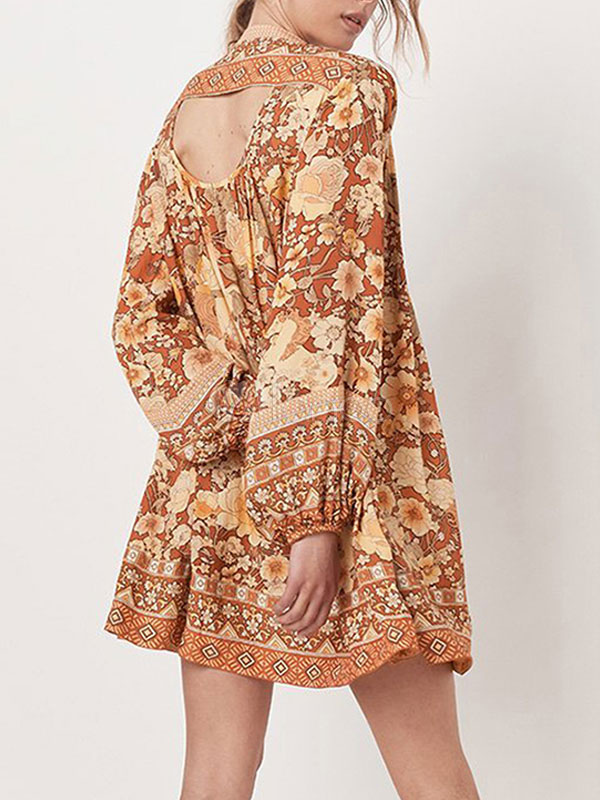 ボヘミアンワンピース オレンジ マキシワンピース 長袖 ポリエステル 花柄 プラスサイズ Vネック レディースファッション レディースワンピース Milanoo Jp