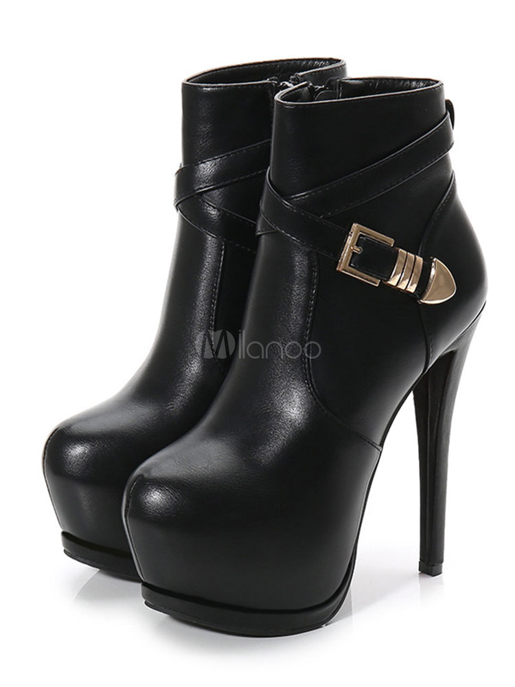 Botines con plataforma para mujer Botines negros con hebilla redonda Tacón  de aguja Botines de 5.7 \