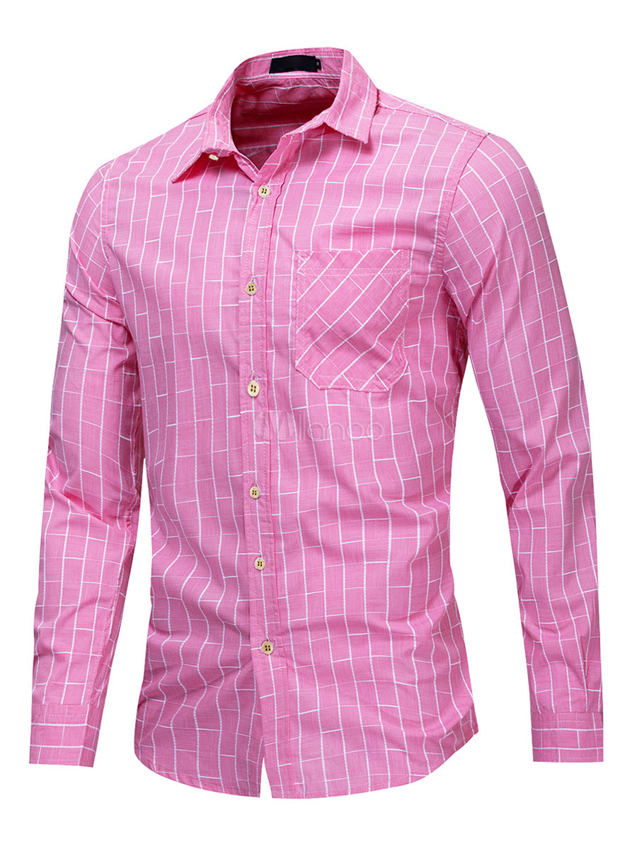 メンズレギュラーフィットピンク100 コットンチェック柄シャツ Milanoo Jp