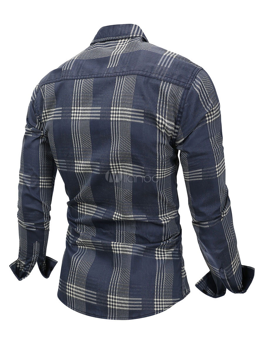 Men's Regular Fit Denim Plaid Shirt - Milanoo.com