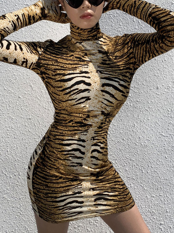 Robes moulantes Imprim?� animal Imprim?� tigre Col haut Robe manches longues sexy - Milanoo.com