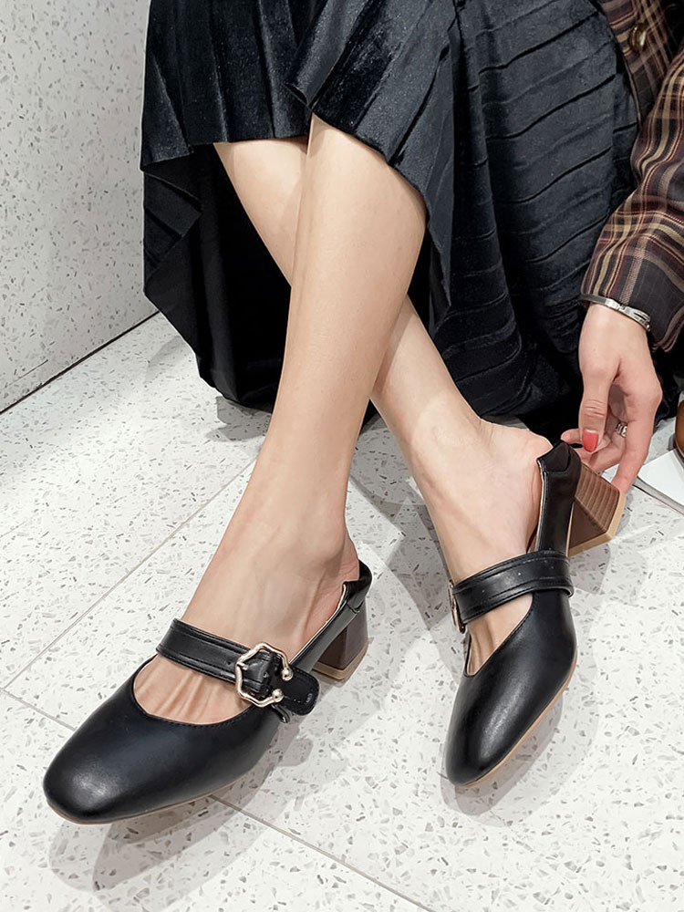 Women's Low Flared Heels Vintage Mary Jane Square Toe Black Pumps ...