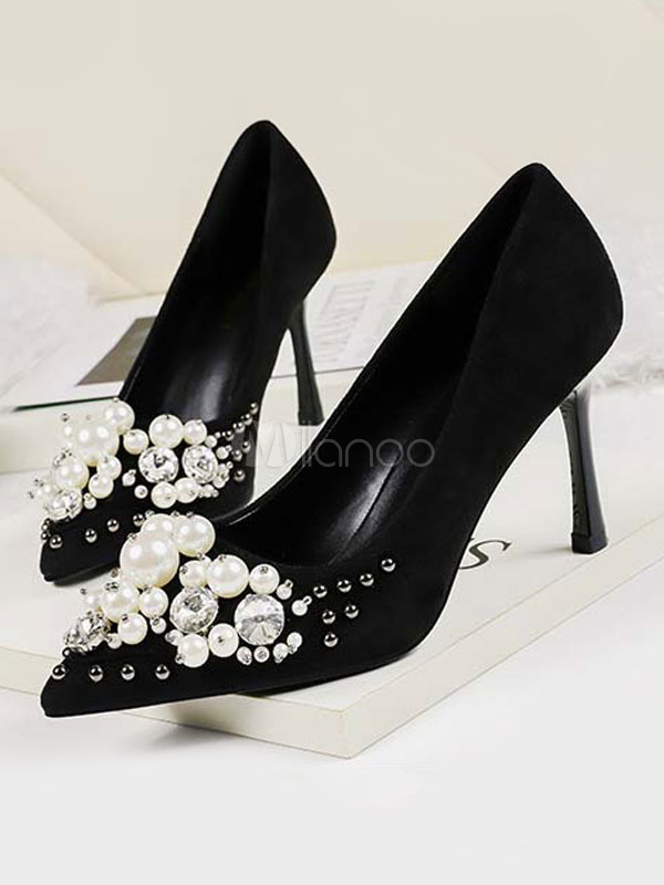 Zapatos de baile para mujer Tacones altos de ante Tacón de aguja con punta  puntiaguda Zapatos de tacón negros con perlas - Milanoo.com