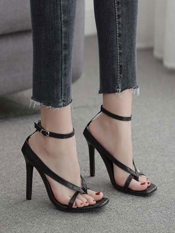 High Heel Sandals Black Open Toe Ankle Strap Stiletto Heel Thong ...