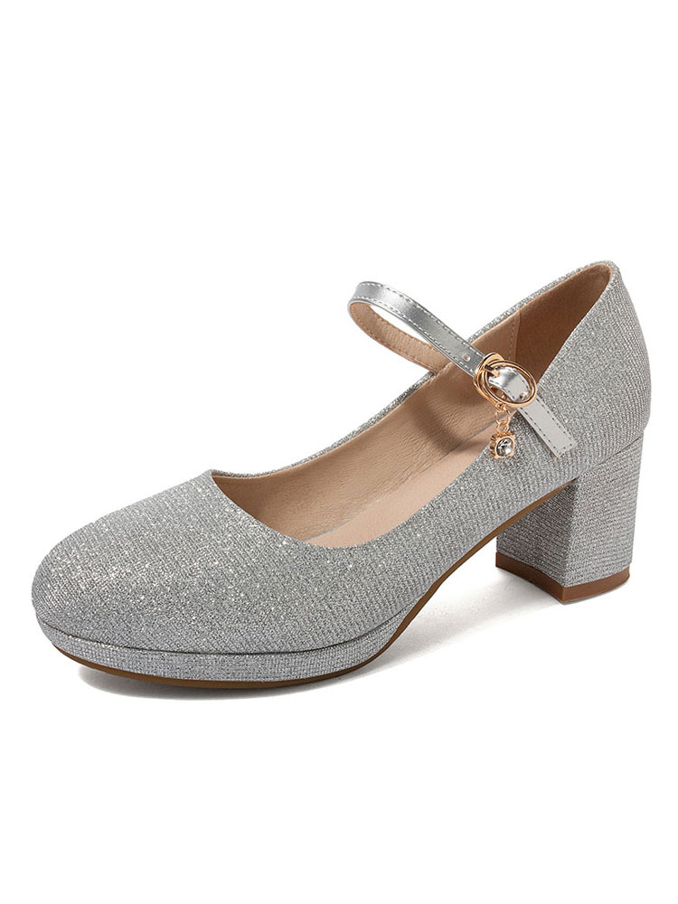 Mary Jane Shoes Silver Glitter Round 