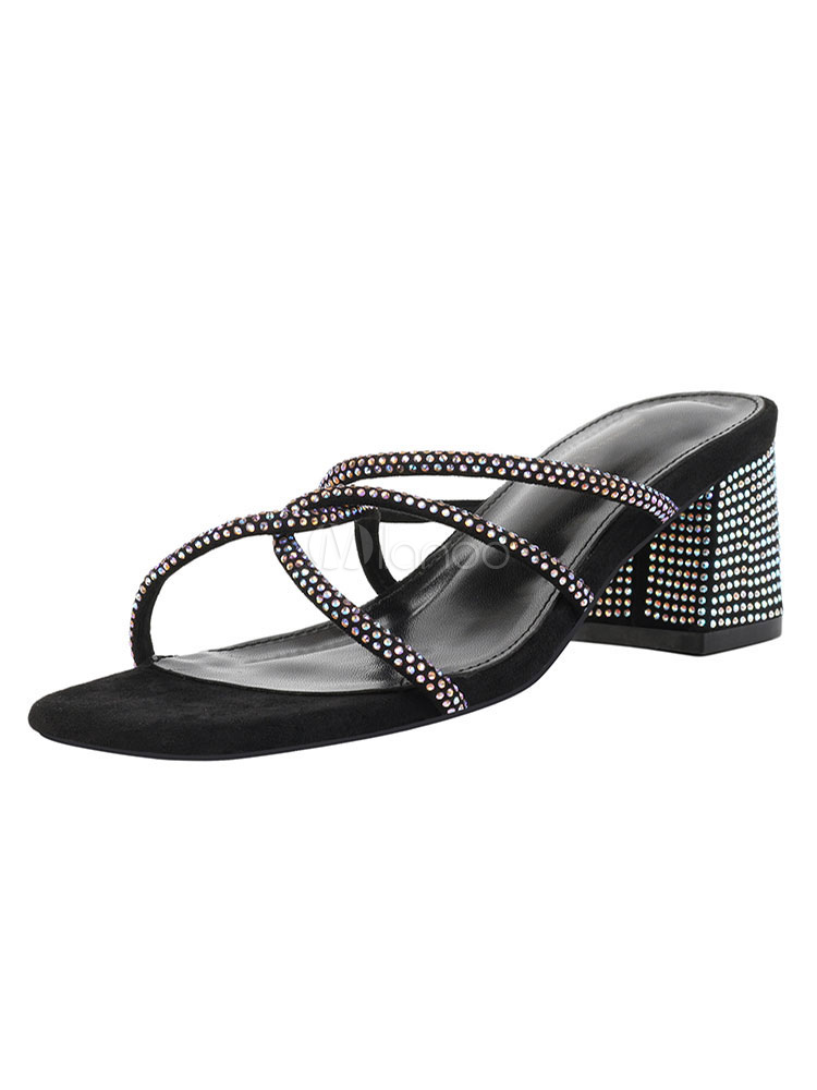 Womens Black Sandals Block Heel Crystal Open Toe Strappy Slippers Shoes