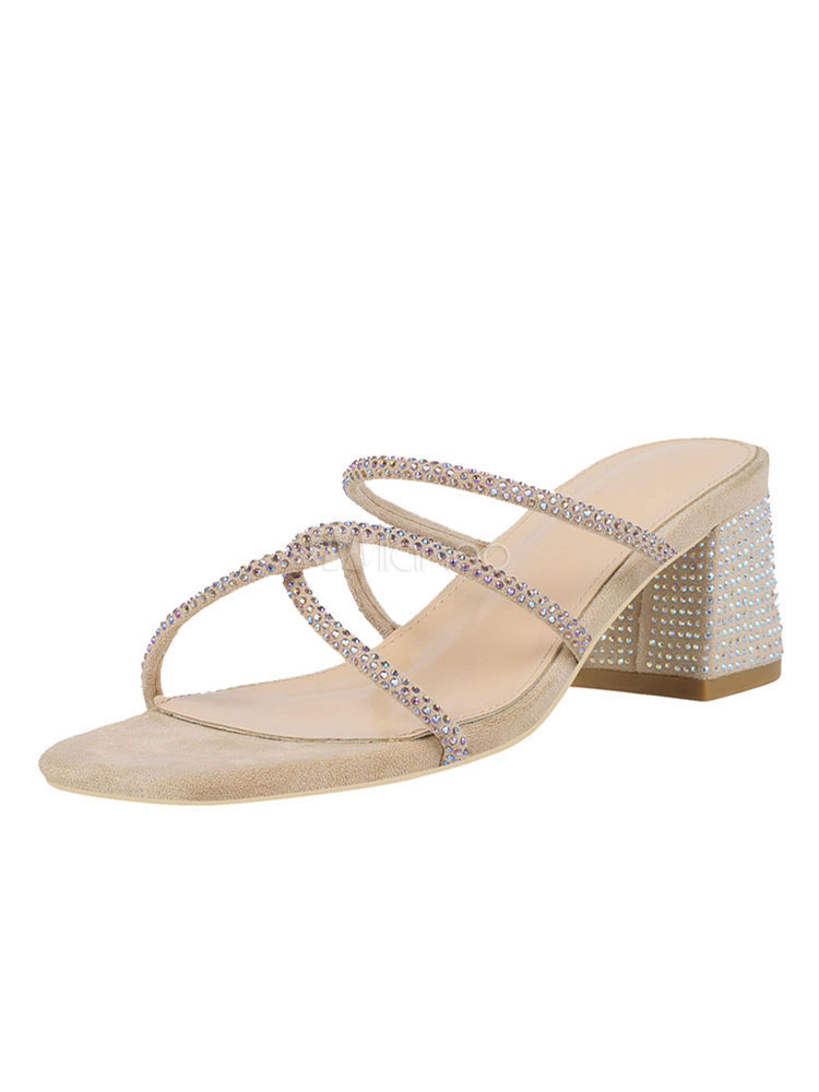 Womens Black Sandals Block Heel Crystal Open Toe Strappy Slippers Shoes