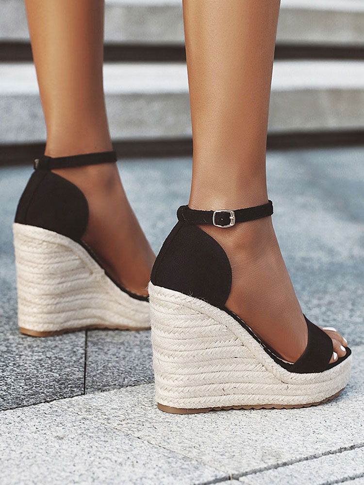 Black Espadrilles Women's Wedge Sandals Platform Heels Sandals Open Toe ...
