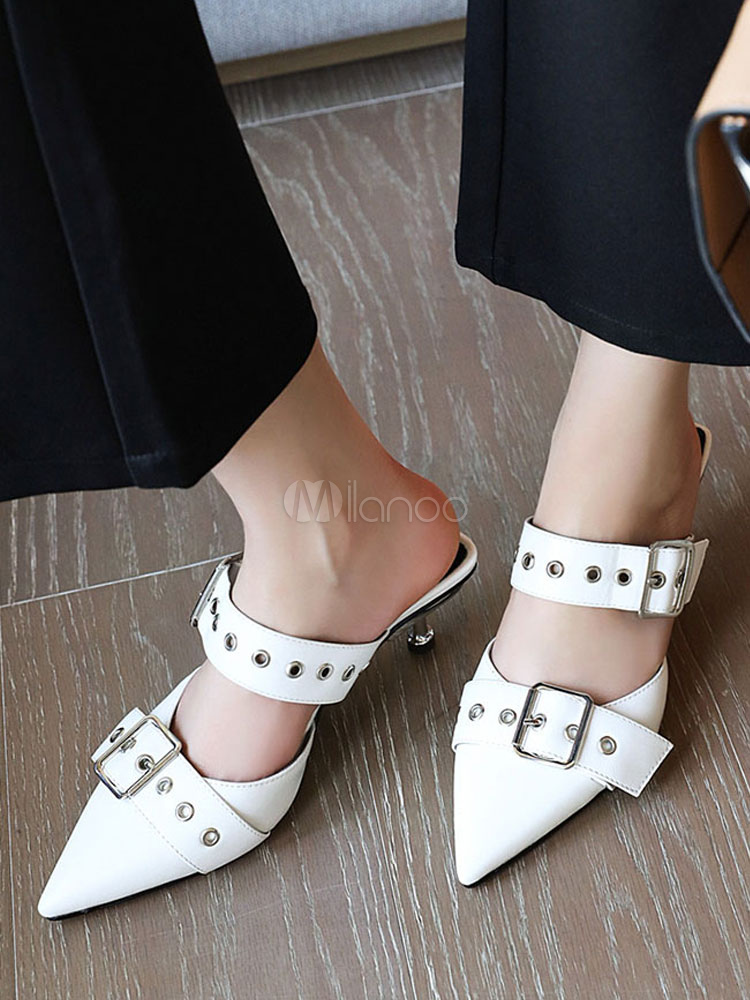 Womens Black Mules Shoes Pointed Toe Kitten Heel Buckles Strappy