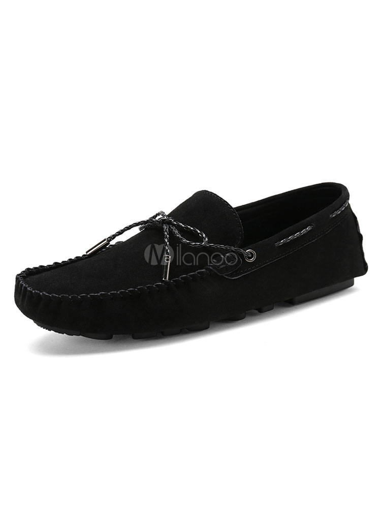 Mens Suede Loafers Black Round Toe Bow 
