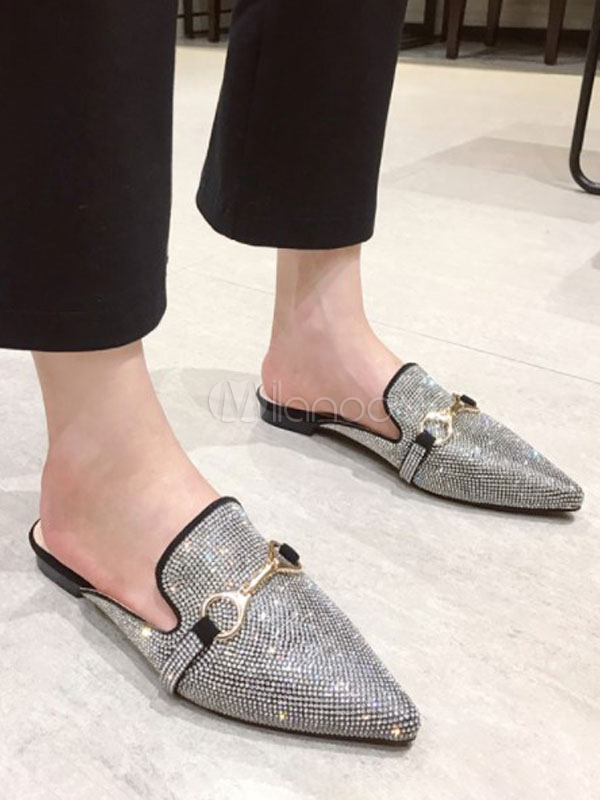 Balck Crystal Mules Shoes Flat Pointed 