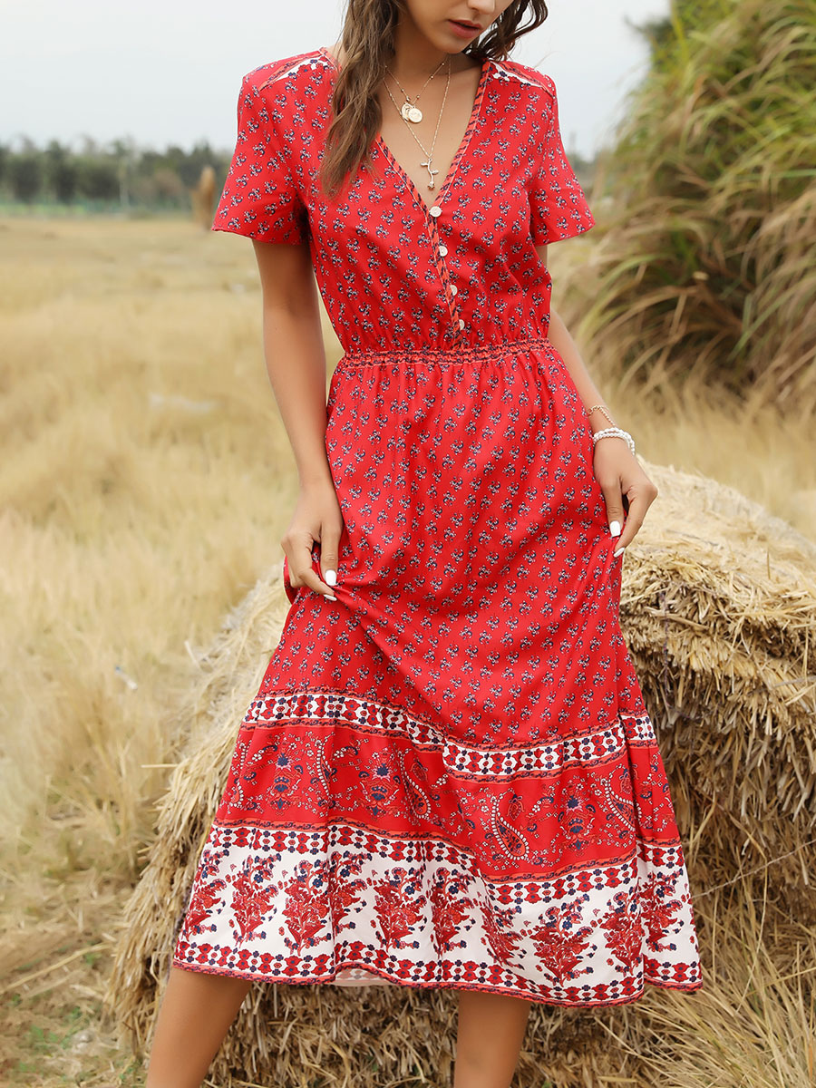 ボヘミアンワンピース 半袖 マキシワンピース Vネック レッド シフォン 花柄 ミニ丈 ショート丈 レディースファッション ビーチ レディースワンピース Milanoo Jp