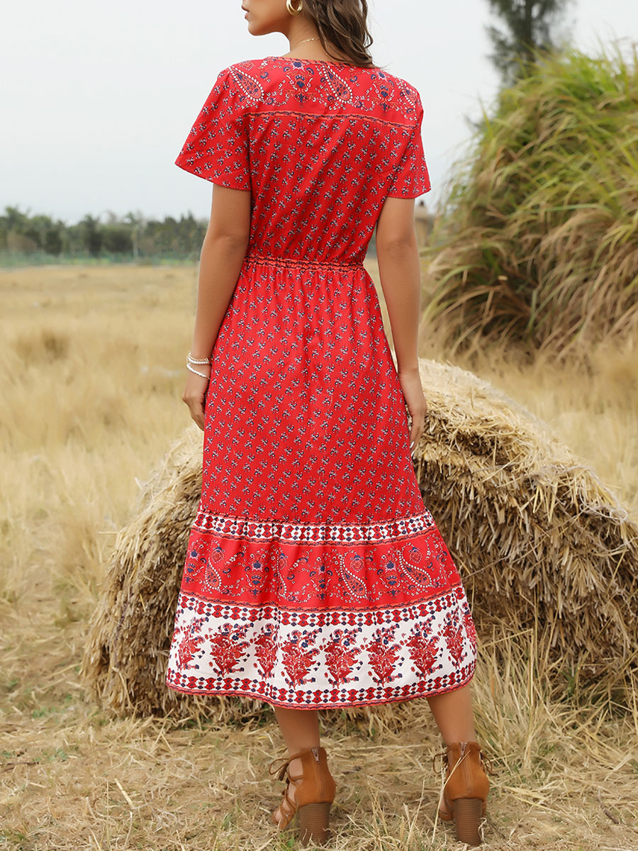 ボヘミアンワンピース 半袖 マキシワンピース Vネック レッド シフォン 花柄 ミニ丈 ショート丈 レディースファッション ビーチ レディースワンピース Milanoo Jp