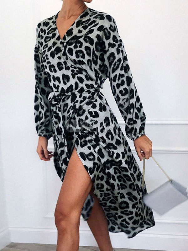 Cheetah Leopard Maxi Dresses Long Sleeves V Neck Wrap Dress - Milanoo.com