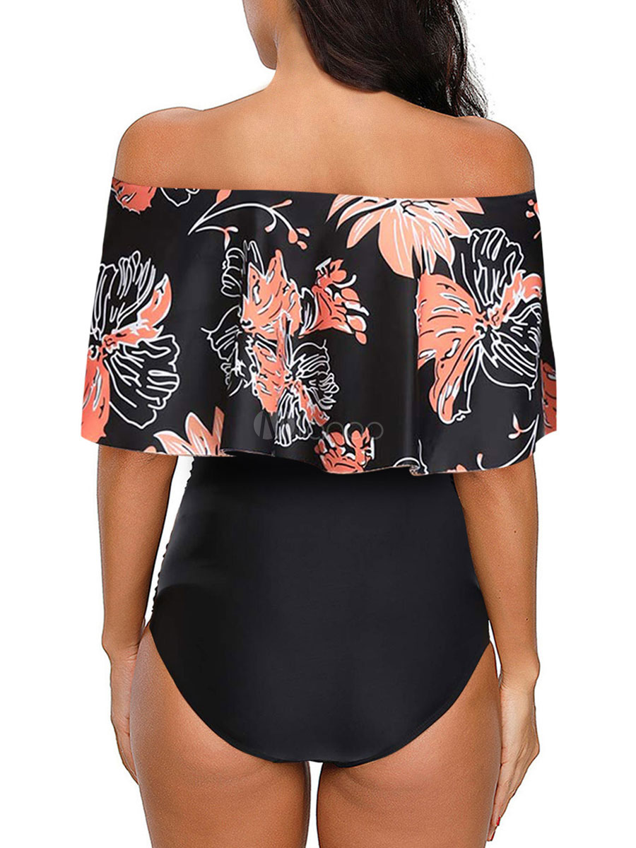 Women One Piece Swimsuits Black Floral Print Bateau Neck Summer Sexy