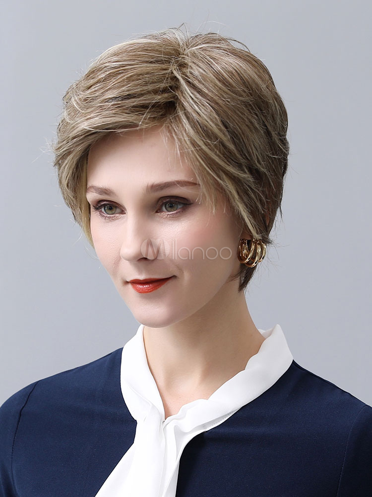 女性の人間の髪の毛のかつらライトブラウン混合髪層状のカジュアルな短い人間の髪の毛のかつら Milanoo Jp