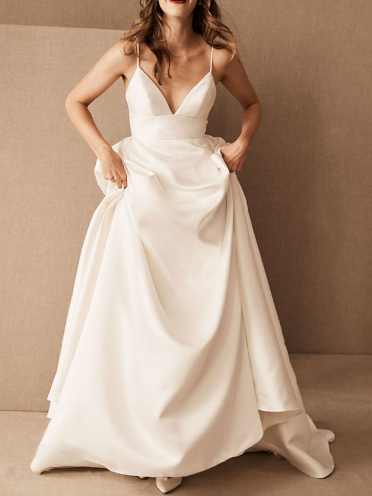 satin v neck wedding dress