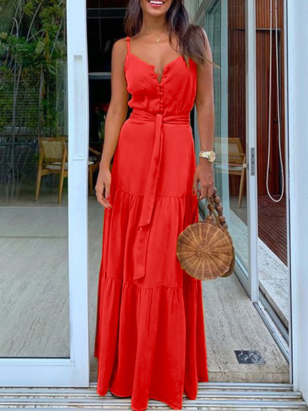 Women's Clothing Dresses | Maxi Slip Dress Buttons Sleeveless Women Long Warp Beach Dress - EN05468