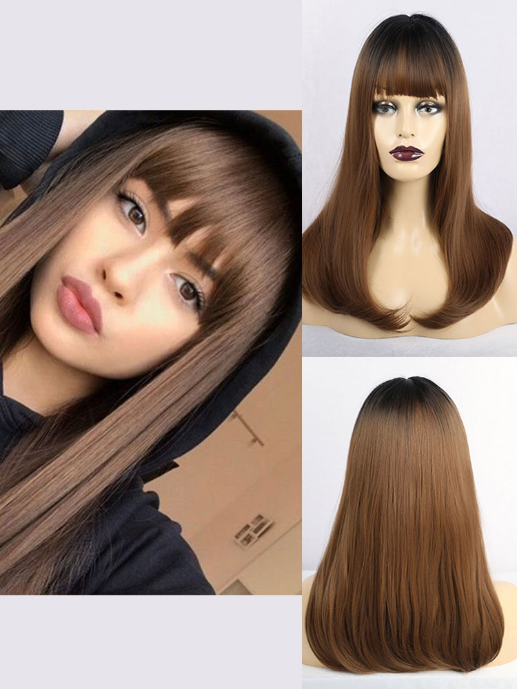 Women's Clothing Accessories | Long Wig For Woman Coffee Brown Straight Rayon Chic Layered Short Synthetic Wigs - YF23889