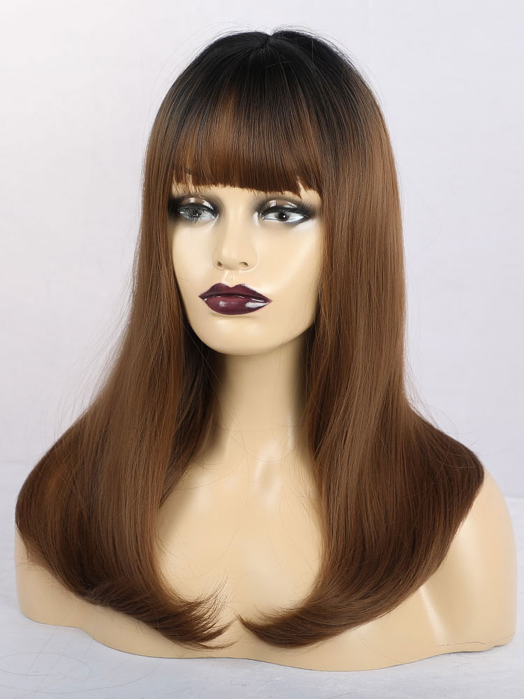 Women's Clothing Accessories | Long Wig For Woman Coffee Brown Straight Rayon Chic Layered Short Synthetic Wigs - YF23889