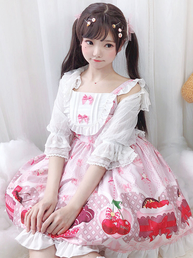 Sweet Lolita JSK Dress Cherry Print Bows Red Lolita Jumper Skirts ...