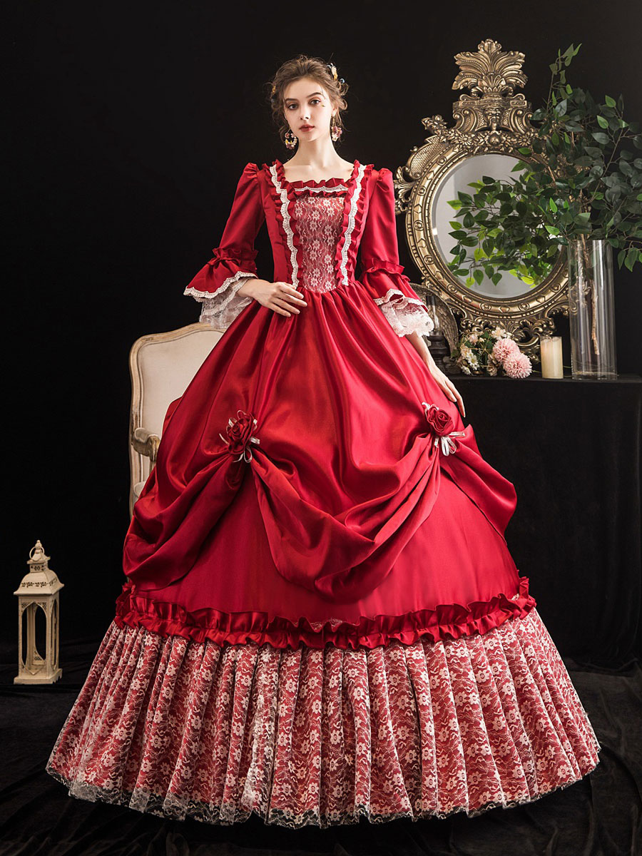 ビクトリア朝のドレスコスチュームウエディングドレス赤いトランペット半袖ビクトリア朝時代の服マリーアントワネットコスチュームドレスヴィンテージ服