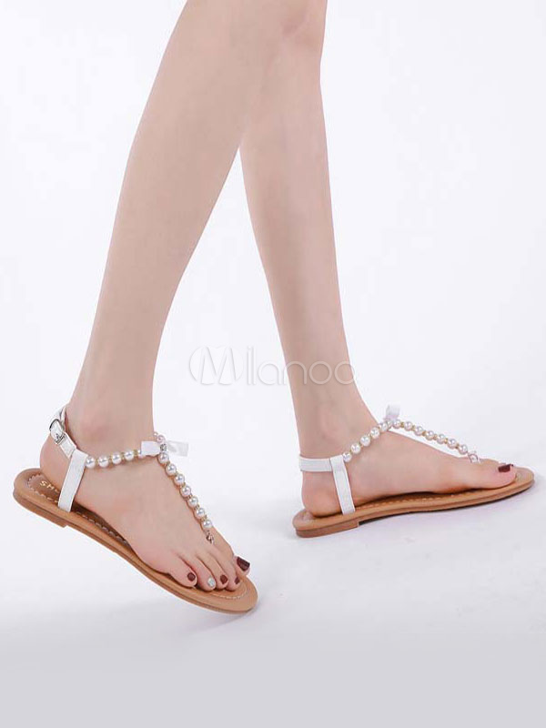 Womens Flat Sandals Pearls Chic T-String White Beach Sandals for Women ...