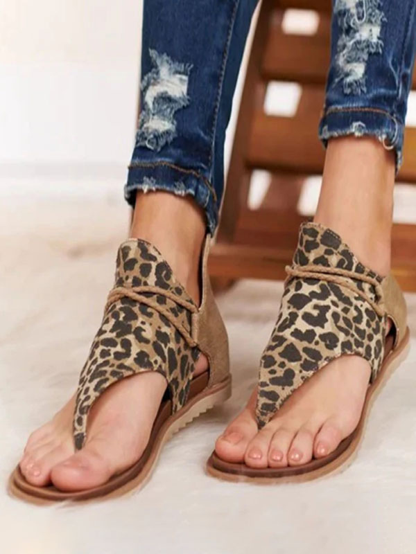 Zapatos de Mujer | Botas de verano de leopardo sandalias planas de cuero de gamuza impresa punta abierta - TM91114
