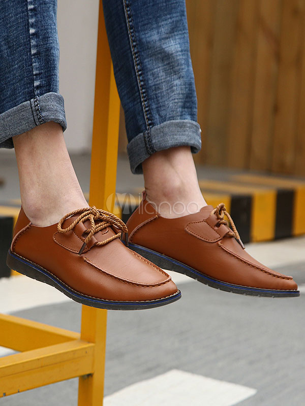 Man Coffee Brown Cowhide Round Toe Lace 