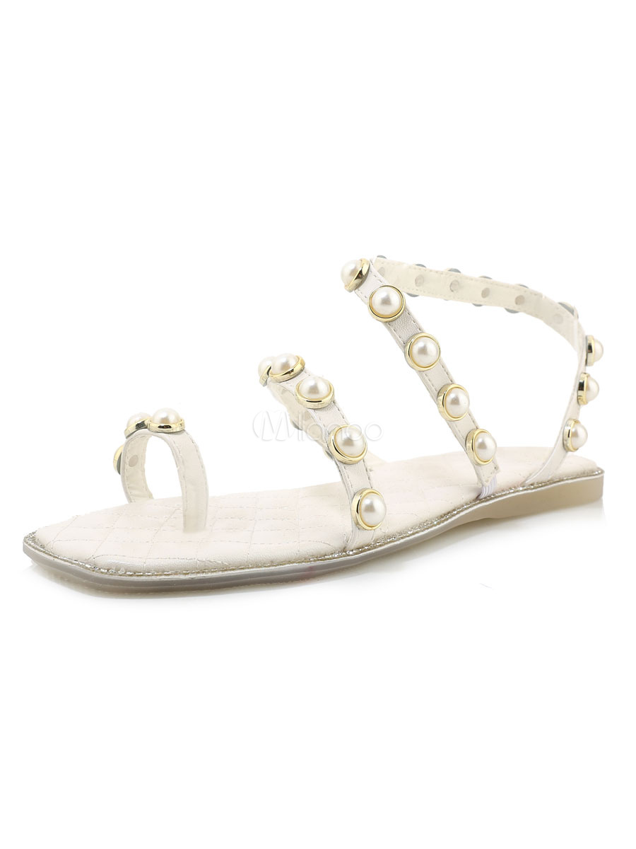 Womens Flat Sandals Buckle Casual Sandals Slip-On Open Toe White Pearl ...