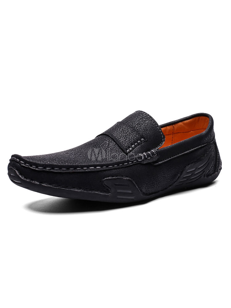Mens Loafers Shoes Slip-On Round Toe Cowhide Shoes - Milanoo.com