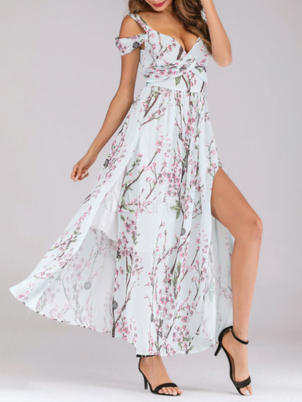 Abiti lunghi a fiori Abito estivo a spalle scoperte di chiffon con scollo a  barchetta bianco - Milanoo.com
