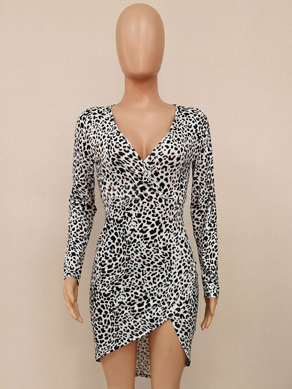 Club Dress V Neck Sexy Long Sleeves Leopard Print Sexy Dress