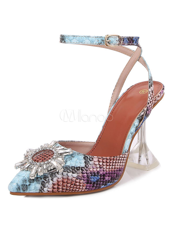 Sandali con tacchi alti Cinturino alla caviglia Punta a punta Stampa  serpente Calice Tacco Strass Sandali eleganti - Milanoo.com