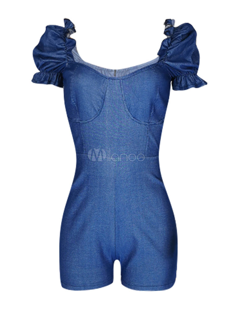 Blue Romper Shorts Puff Sleeves Denim Summer Playsuit