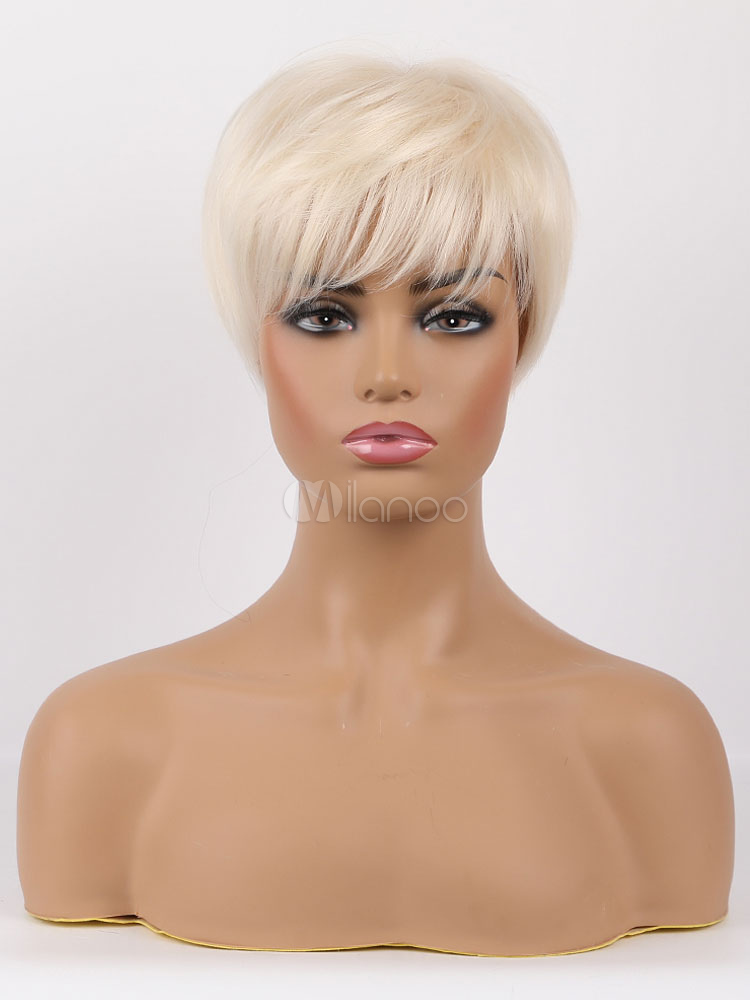 Human Hair Wigs For Woman Ecru White Mixed-hair Layered Elegant Short ...
