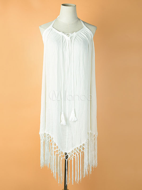 White Cover Ups Kleid Fransen Armellose Ruckenfreie Baumwolle Summer Beach Badeanzuge Milanoo Com